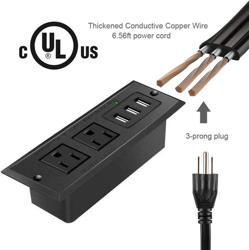 Conference Recessed Power Strip Socket with USB Ports - Desktop Charging Station with 2-Outlets & 3 USB Ports