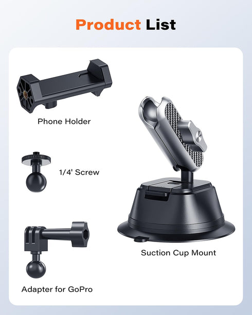 Suction Cup Mount for Gopro iPhone, Anti-Shake Metal Arm Car Camera Mount with 1/4 Thread & Phone Holder for VLOG/Video