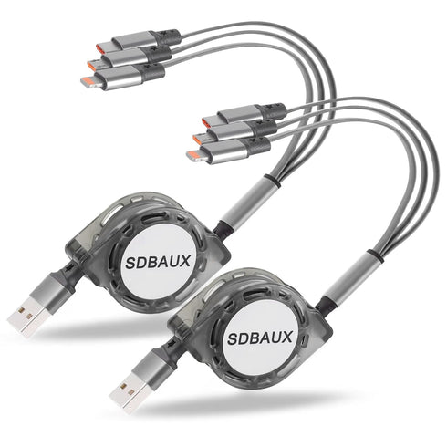 SDBAUX 3 in 1 Retractable Multi USB Charger Cable 2Pack, 3.3ft, Gray, Compatible with Cell Phones & Tablets.