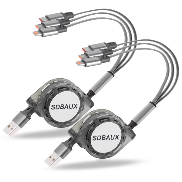 SDBAUX 3 in 1 Retractable Multi USB Charger Cable 2Pack, 3.3ft, Gray, Compatible with Cell Phones & Tablets.