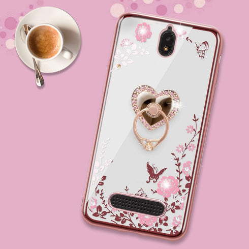 B-wishy for Blu View 2 Case, Glitter Crystal Butterfly Heart Floral Slim TPU Cover with Kickstand & Strap (Rose Gold)