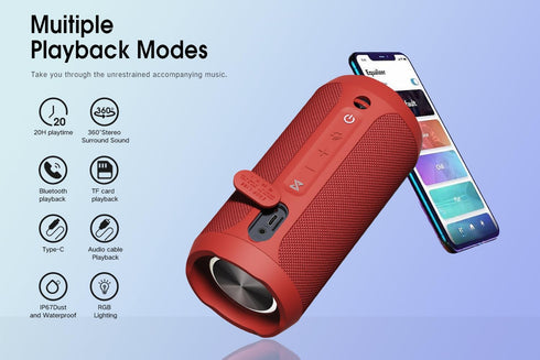 EDUPLINK Bluetooth Speaker - Portable Waterproof IPX7 Wireless Speaker with TWS Pairing & Built-in Microphone, Red