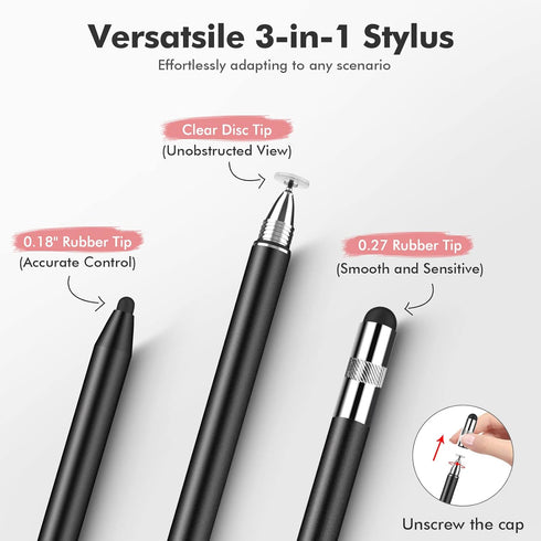 MEKO 3 in 1 Stylus Pens for Touch Screens, High Sensitivity & Precision Capacitive Stylus Pencil for Apple iPad iPhone Tablets Samsung Galaxy All Universal Touchscreen Devices (2 Pack-Black/Rose Gold)