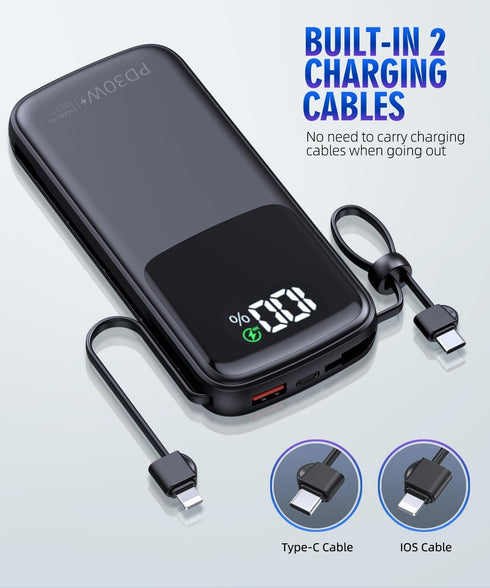Portable Charger Power Bank 15000mAh, PD30W Fast Charger, Built-in AC Wall Plug and 2 Output Cables with LED Display