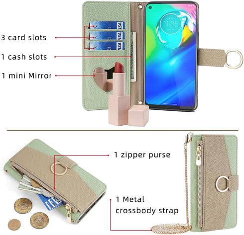 Asuwish Phone Case for Moto G Power 2020 Wallet Cover with Tempered Glass Screen Protector and Mirror Flip Cover Ring Credit Card Holder Crossbody Strap Stand Cell Motorola GPower Women Girls Green