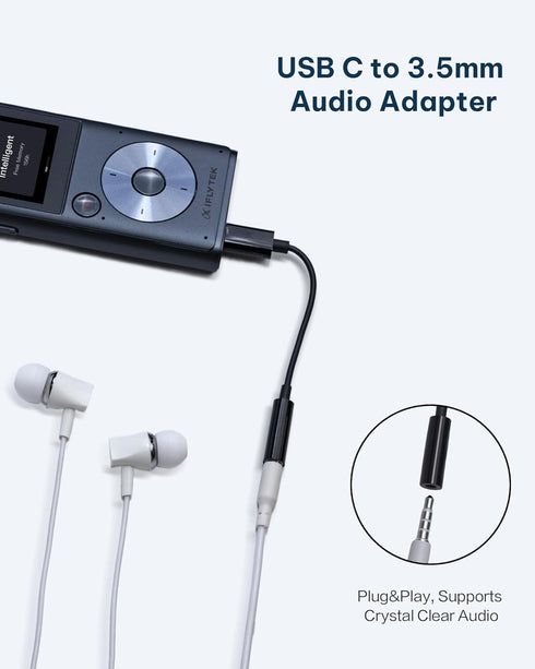 iflytek 3.5mm 5-Language USB-C to Audio Jack Adapter, Tailored Offline Voice Recorder with Playback, Voice to Text