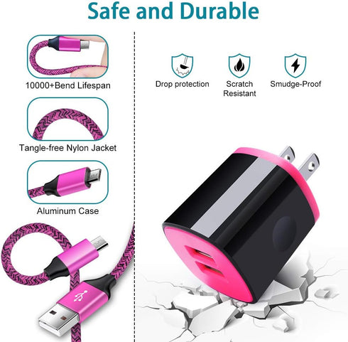 Micro USB Charger Block / Fast Charging Cord for Android Phones / 6FT Compatible with LG K40, K50, and More
