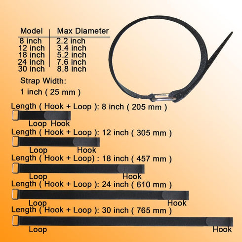 8"12"18"24"30" Hook and Loop Fastening Cable Strap - 30 Pack Reusable Nylon Securing Strap with Adjustable Buckle