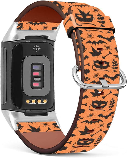 Mingdao Leather Band Compatible with Fitbit Charge 5 / Charge 4 / Charge 3 / Charge 2, (Halloween Mask, Bat And Spider)