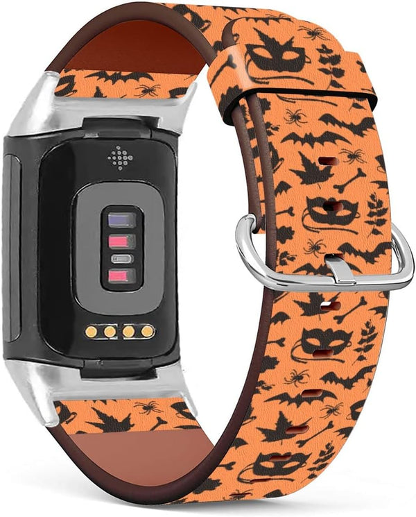 Mingdao Leather Band Compatible with Fitbit Charge 5 / Charge 4 / Charge 3 / Charge 2, (Halloween Mask, Bat And Spider)