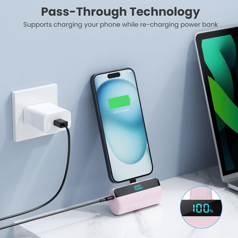 Mini Portable Charger with USB-C Connector, 5200mAh, Compact LCD Display Power Bank for iPhone 15/14/13/12