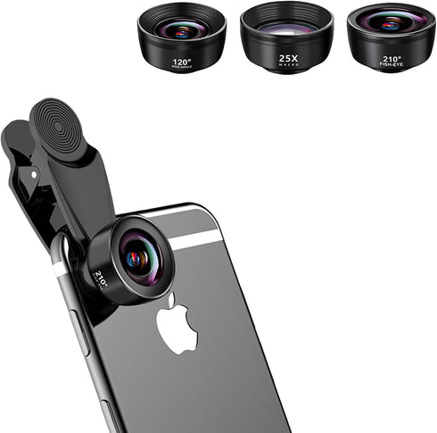 3-in-1 Smartphone Lens Kit - 210° Fisheye, 120° Wide-Angle, 25X Macro Lens for Stunning Photography