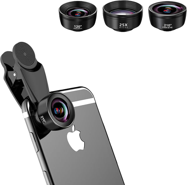 3-in-1 Smartphone Lens Kit - 210° Fisheye, 120° Wide-Angle, 25X Macro Lens for Stunning Photography