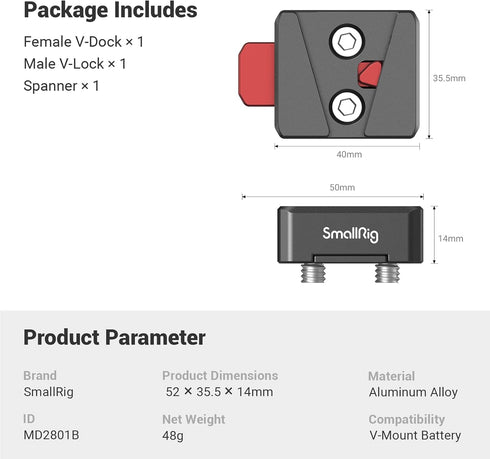 SmallRig Mini V-Lock Assembly Kit, V Mount Battery Plate, Quick Release Set with 1/4"-20 Threaded Holes - MD2801B