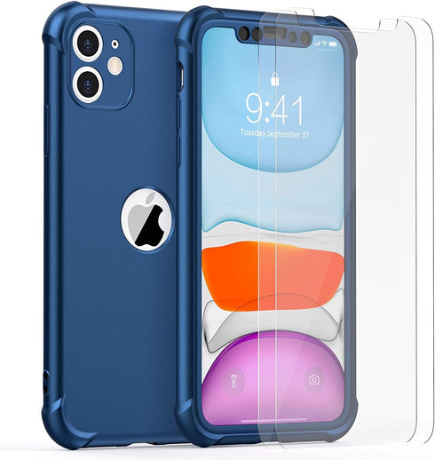 ORETECH iPhone 11 Case with 2 x Tempered Glass Screen Protector, 10 Ft Military Grade Drop Test, Blue