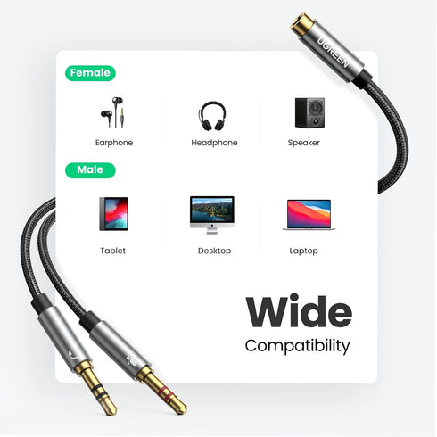 UGREEN Headphone Splitter for Computer 3.5mm Female to 2 Dual 3.5mm Male Braided Audio Splitter Cable