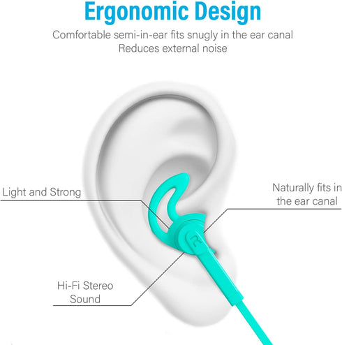 Teal Wired Earbuds with Microphone, HiFi Stereo In-Ear Headphones, 3.5mm for iPhone, Android, MP3, Laptop - Powerful