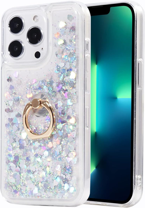 Glitter Case with Ring Holder for iPhone 13 Pro, Clear Kickstand Soft TPU Rubber Bumper, Silver