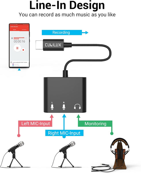 Cubilux Dual TRS Microphone to USB Connector, Type C to 2-Way MIC Adapter for iPad Pro, Samsung S24, Pixel 8/7/6 Pro