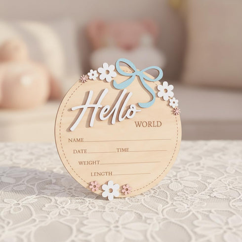 6 Inch Wooden Baby Announcement Sign Round Birth Stat Plaque with Floral and Bow Design (Blue)