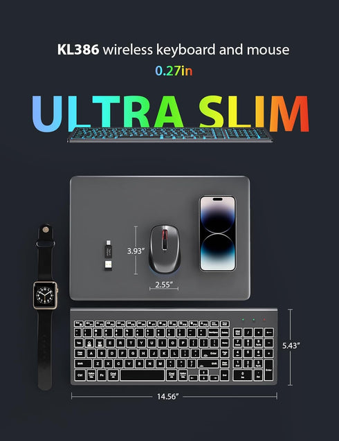SABLUTE Wireless Keyboard and Mouse Combo - Backlit Compact Quiet Keyboard with RGB Mouse, Rechargeable, Slim