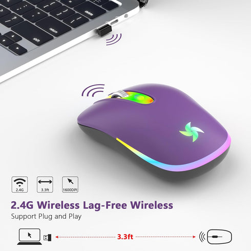 HZD LED Wireless Mouse - Slim Silent Rechargeable Optical Mouse with Type C Adapter, 3 Adjustable DPI Levels (Purple)