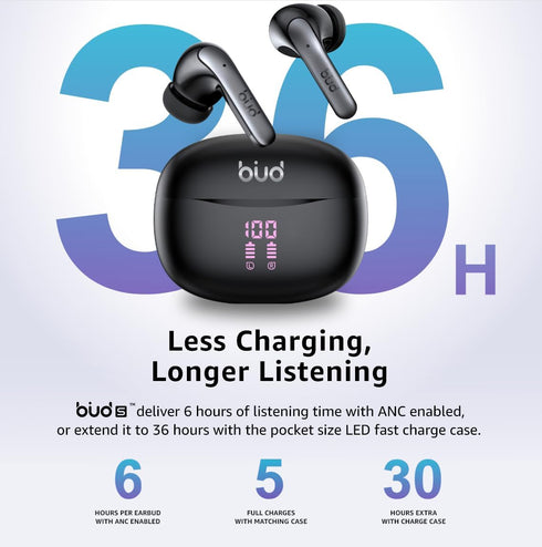 iBUD Buds - Wireless Noise Cancelling Earbuds, 36Hr Playtime, Bluetooth 5.3, IPX5 Waterproof, Secure Comfort Fit, 4