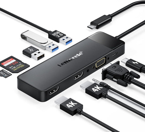 Lemorele 10 in 1 USB C Docking Station for Laptop, Triple Display Monitors Adapter w/4K Dual HDMI, 1080P VGA, 3