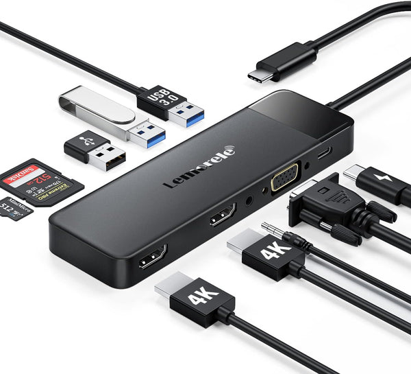 Lemorele 10 in 1 USB C Docking Station for Laptop, Triple Display Monitors Adapter w/4K Dual HDMI, 1080P VGA, 3