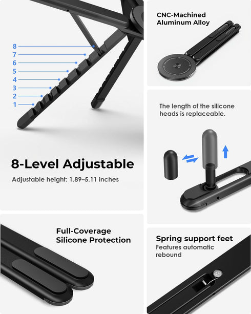 Viozon 1016 413 Portable Laptop Stand for Desk, Foldable Adjustable Computer Riser with Magnetic Phone Holder, Aluminum