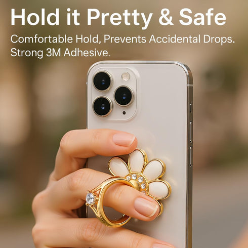 NXVX 360 3M Daisy Phone Ring Holder Nine-Petal White Flower Grip, Rotating Finger Ring & Kickstand, Rhinestone Bling
