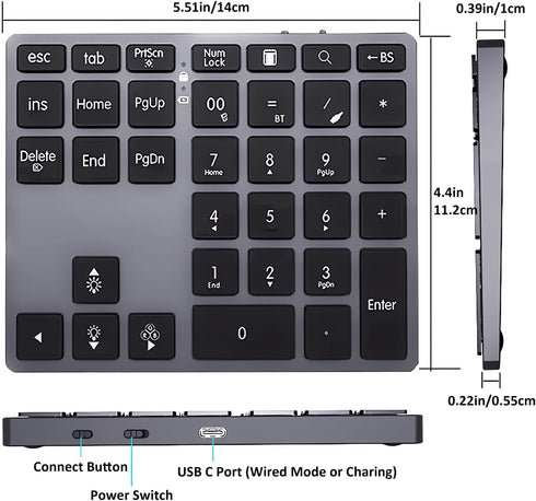 LINKEET 7-Color BT5.0/USB/2.4G 35-Key Tri-Mode Aluminum Numpad LED Backlit, Wireless Rechargeable Number Pad Scissor