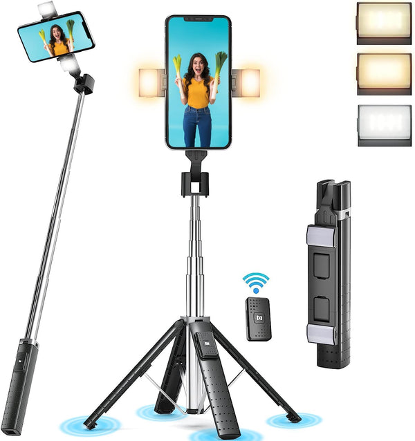 41” Selfie Stick Tripod Quadrapod with 2 Rechargeable Fill Light, Extendable Tripod with Bluetooth Remote for All