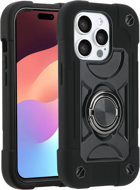 MARKILL iPhone 15 Pro Max Case, Heavy-Duty Military Grade Shockproof Cover with Double Ring Stand (Black)
