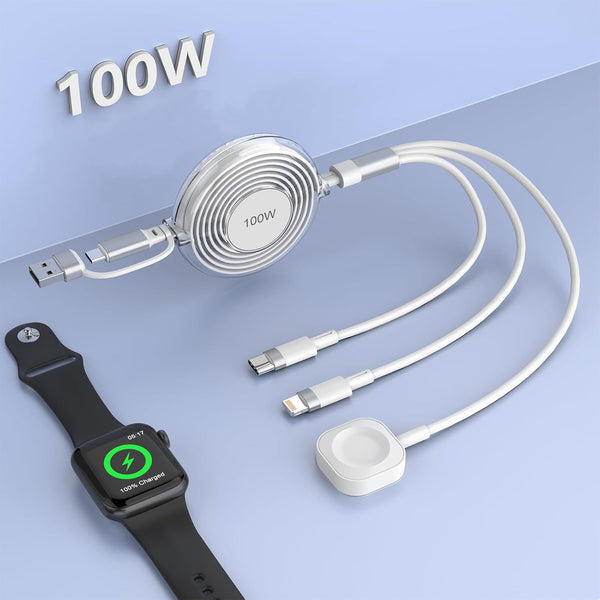 100W Multi Charging Cable for Apple Watch, iPhone 15 Retractable Charger with Type C and iWatch Charger