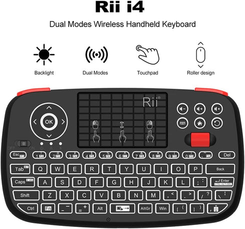 Rii (Upgrade) i4 Mini Bluetooth Keyboard: Blacklit Portable Wireless Keyboard with Touchpad for Smartphones and PC