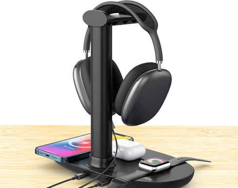Headphone Stand with Wireless Charger, 4 in 1 Desk Gaming Holder Rack with Fast QI, Detachable Wireless Charging Pad