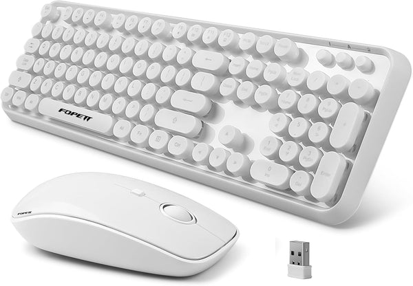 FOPETT Wireless Keyboard and Mouse Combo, 2.4G Full-Sized White Keyboard with Round Keycaps for Laptop/PC
