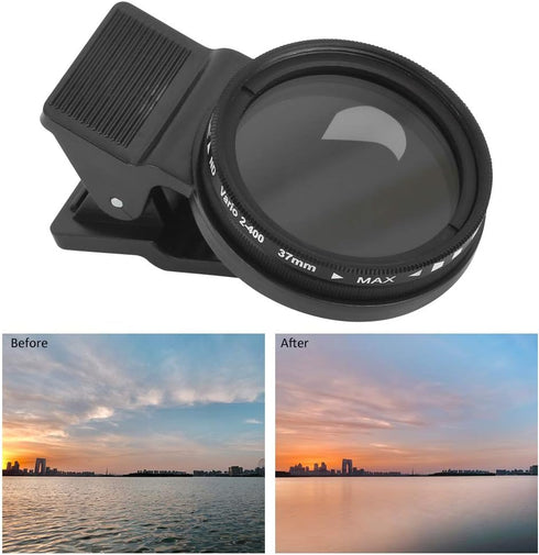 Neutral Density Lens Filter, 37MM ND2-400 Cellphone Camera Lens Filter Kit with Adjustable Clip