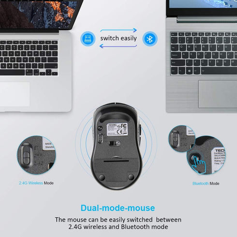 TECKNET Wireless Bluetooth Mouse for MacBook, 2400DPI 2-in-1 Mouse for Laptop (BT 5.0/3.0+2.4G USB), Black