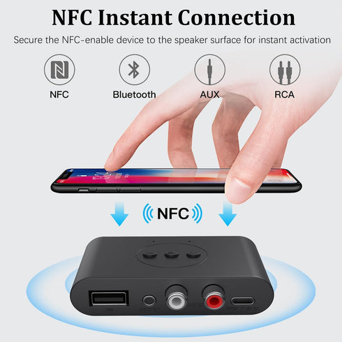 NFC Enabled Bluetooth Audio Receiver, Bluetooth 5.2 Wireless Audio Adapter for Home Stereo/Car Stereo/AV Receiver/Headphone/Speaker, Handsfree Calls, RCA AUX 3.5mm Jack Aduio Adapter