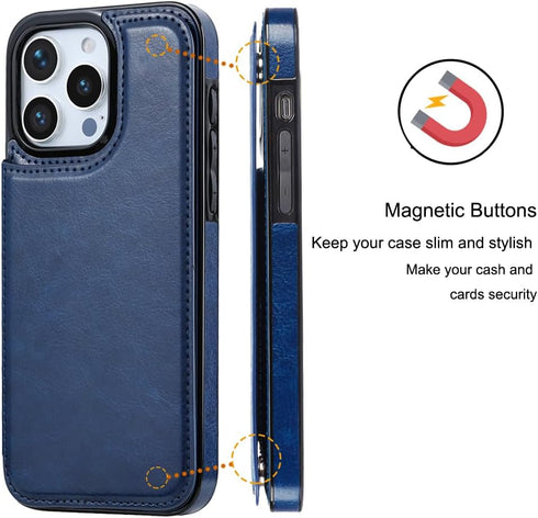 Compatible Wallet Case for iPhone 15 Pro 6.1” +1 Screen Protector, Slim PU Leather Kickstand Case, Deep Blue