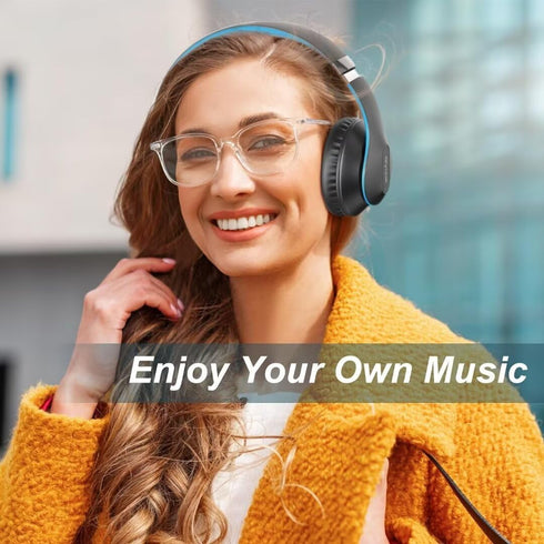 Wireless Bluetooth Headphones Over Ear, 65H Playtime HiFi Stereo Headset with Microphone, Foldable for Travel, Blue