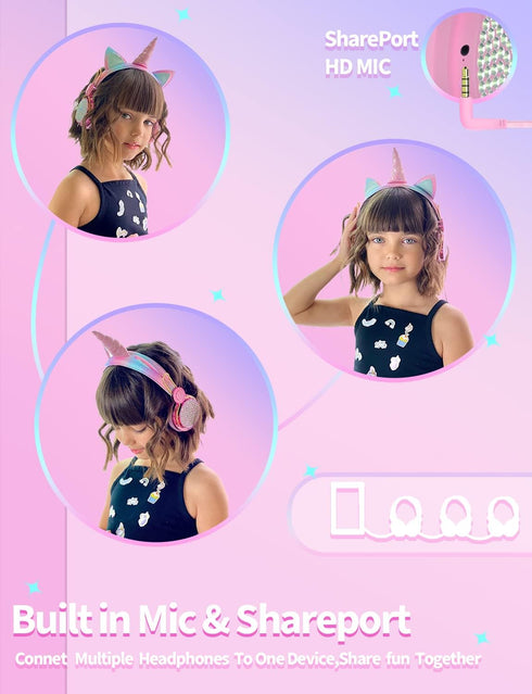 Hot Pink Kids Unicorn Headphones with Mic, 95dB Volume Limited, Shareport, On/Over Ear Wired, Perfect for School/Travel.