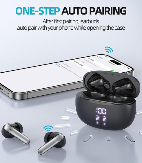 Wireless Bluetooth Earbuds, 50H Playback Deep Bass Stereo Headphones with Dual Mic, Waterproof Charging Case for iPhone