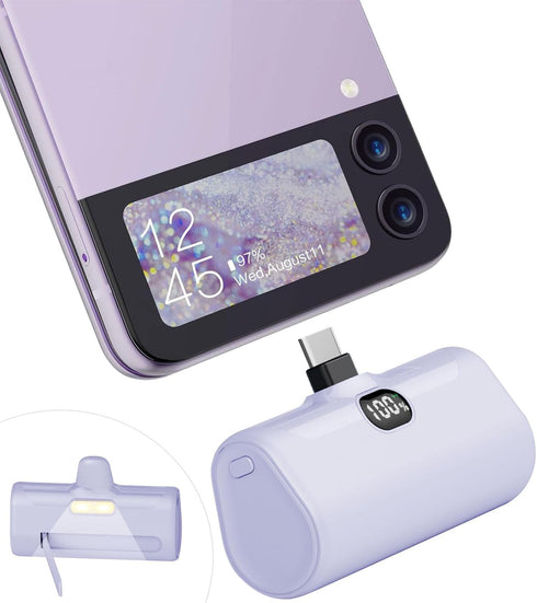 Small USB C Portable Charger, 5000mAh Mini Power Bank with Built-in Phone Stand and LED Light, Compatible with iPhone15