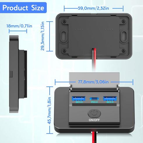 Qidoe 72W 12V 36W 3.0 18W 3 12V USB Outlet Panel Wall Mount, USB C and Dual QC Car USB Port Charger Socket with Button