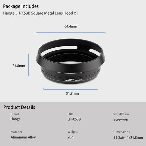 Haoge LH-X53B 3in1 Lens Hood with Adapter Ring and Cap Set for Fujifilm X100VI, X70, X100, X100S, X100T, X100F