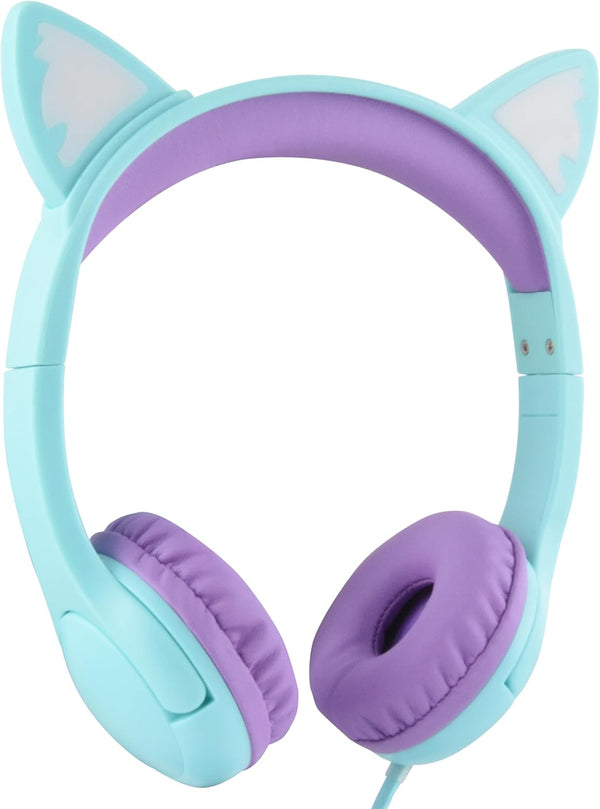 Kids Headphones with MIC for School, 85dB Safe Volume Limited Light Up Cat Ear Headphones, Wired On-Ear (Green/Purple)