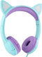 Kids Headphones with MIC for School, 85dB Safe Volume Limited Light Up Cat Ear Headphones, Wired On-Ear (Green/Purple)